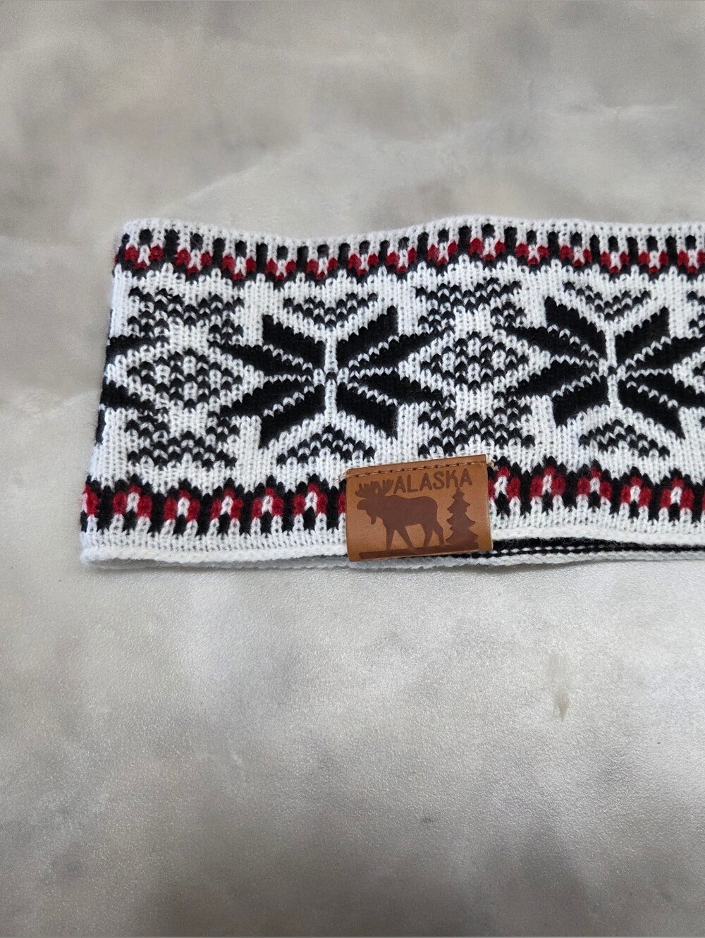 Tongass Fair Isle Knit Headband in White, Black & Red - Branded Patch. OS